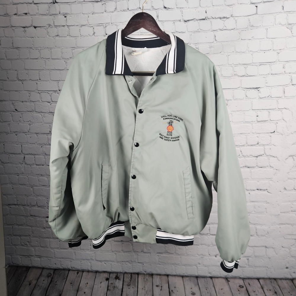 Vintage Hartwell Shell Oil Safety Award Bomber Jacket 1985 Sage Green Mens XL